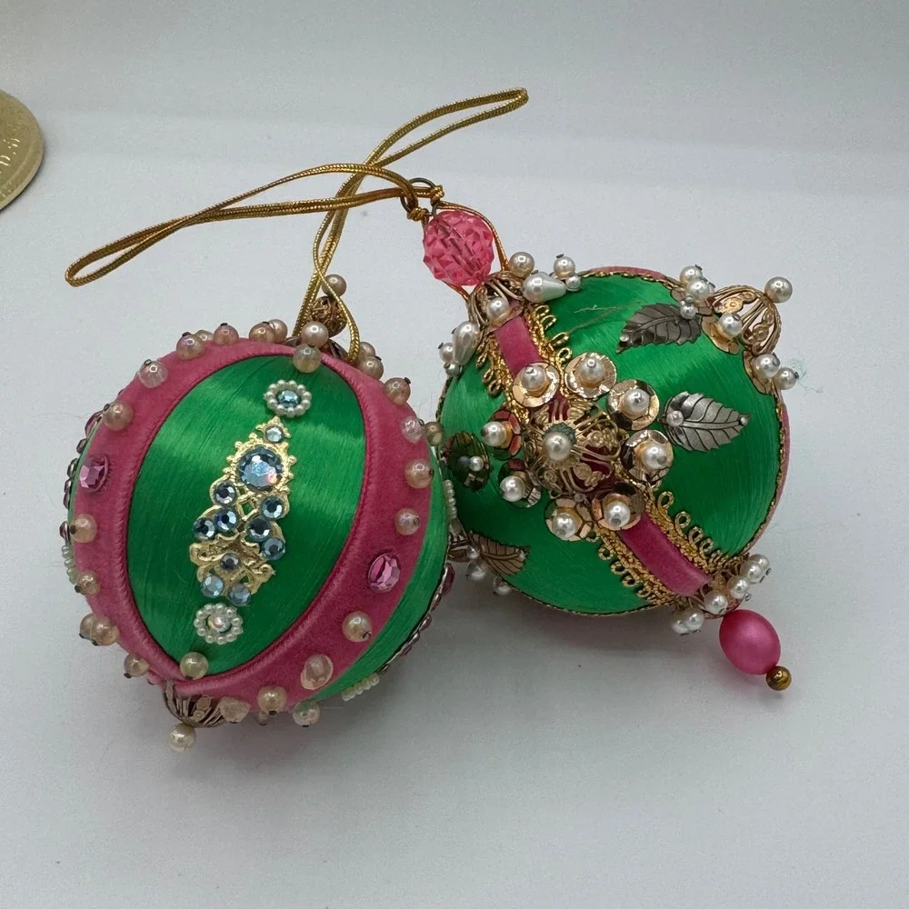 Vintage Handmade Satin Christmas Ornaments Green Pink Velvet Pearls Jewels Set 2